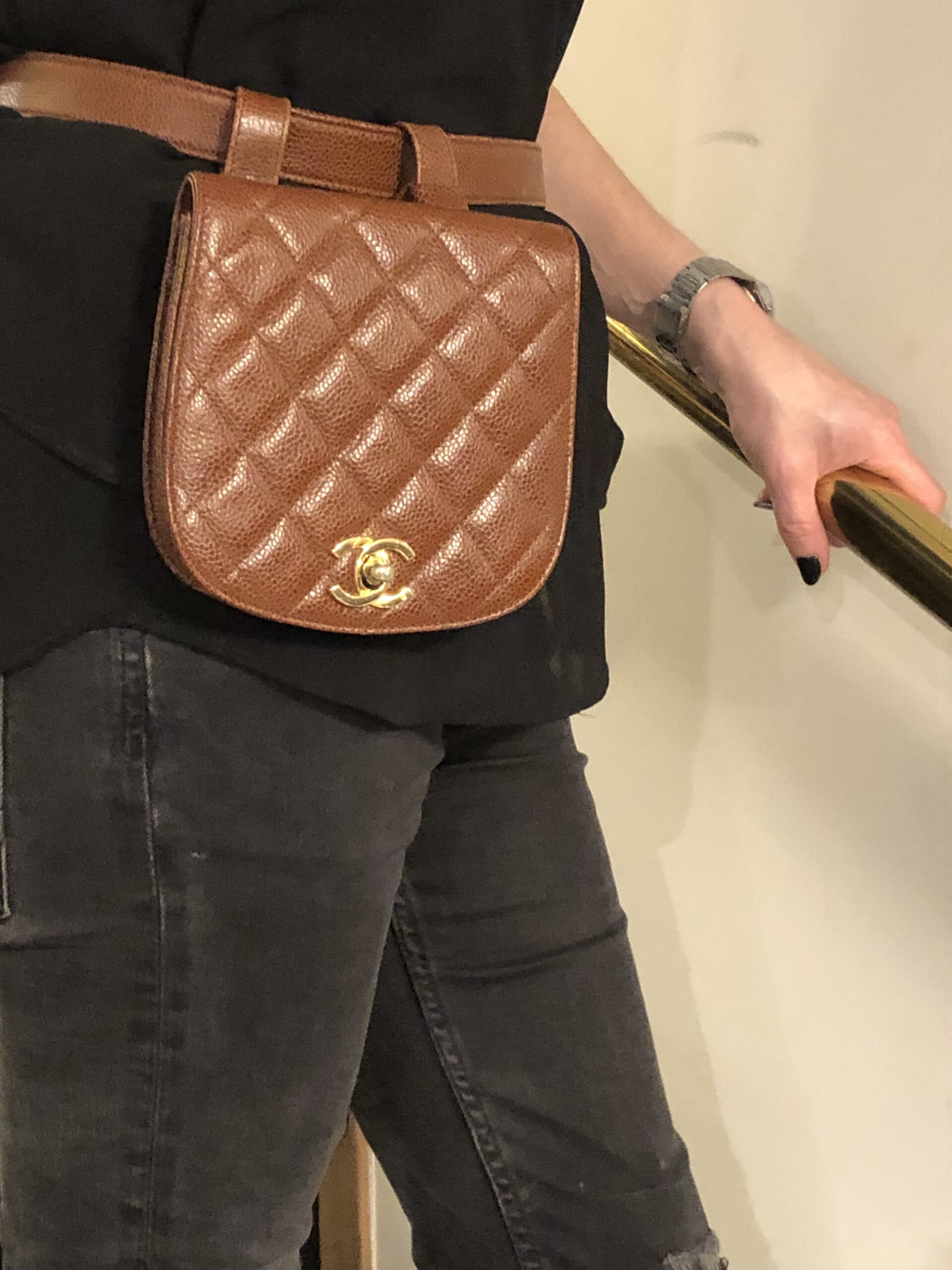 Chanel Vintage Black Quilted Caviar XL CC Messenger Flap Bag Gold